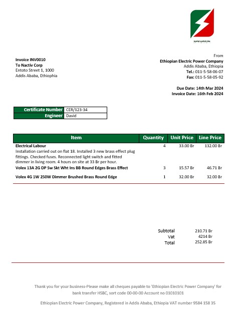 Ethiopia Ethiopian Electric Power Company electricity business utility bill template in Word and PDF formats1